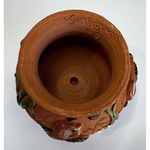 June Sears Signed Folk Art Pottery Planter Bird & Flower Design 4 1/4" Terracott - Picture 6 of 6